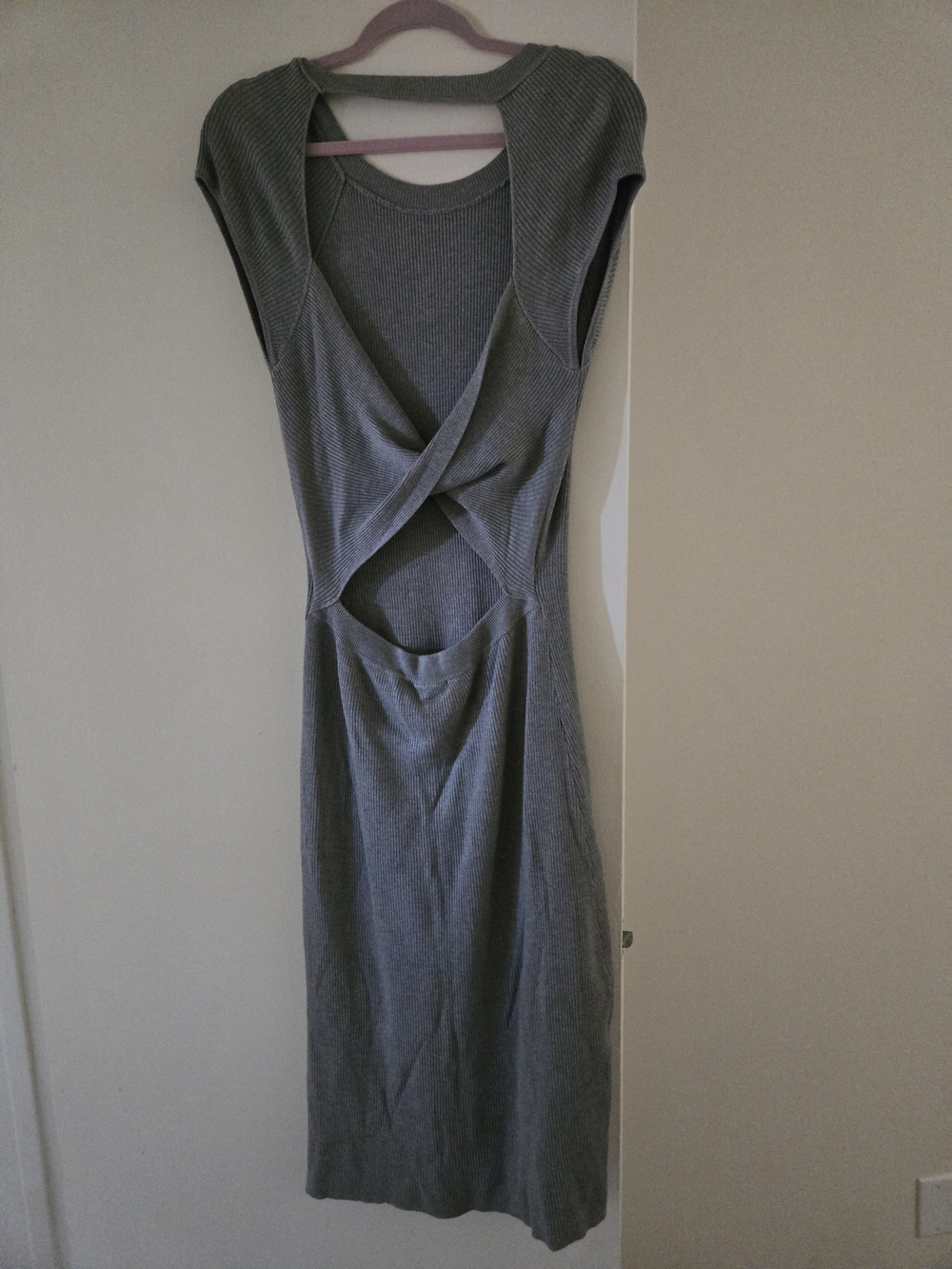 BCBG Gray Ribbed Backless Twist Midi Dress